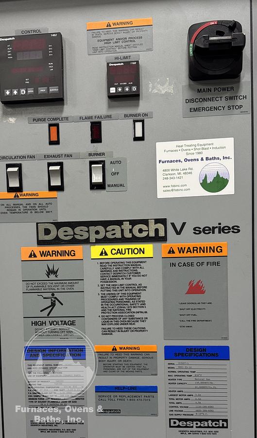 Used 48"W x 42"H x 30”L, Despatch Industries VRE2-35-1G Cabinet Oven, 850-F, Gas Fired, Class A