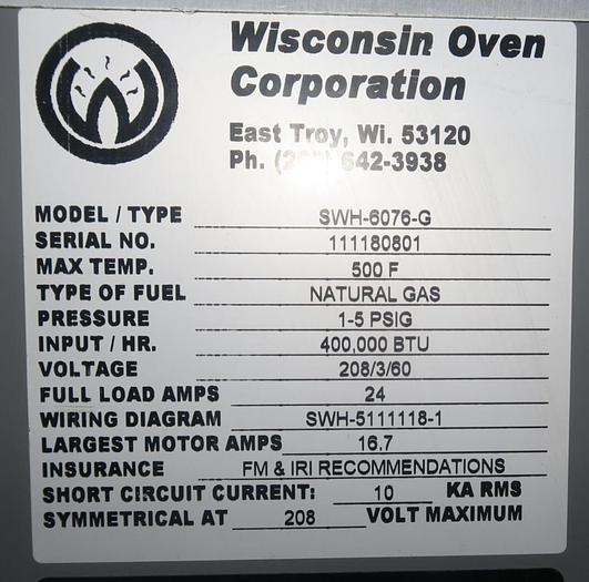 Used 72"W x 72"H x 84"L, Wisconsin, 500°F, Gas Fired