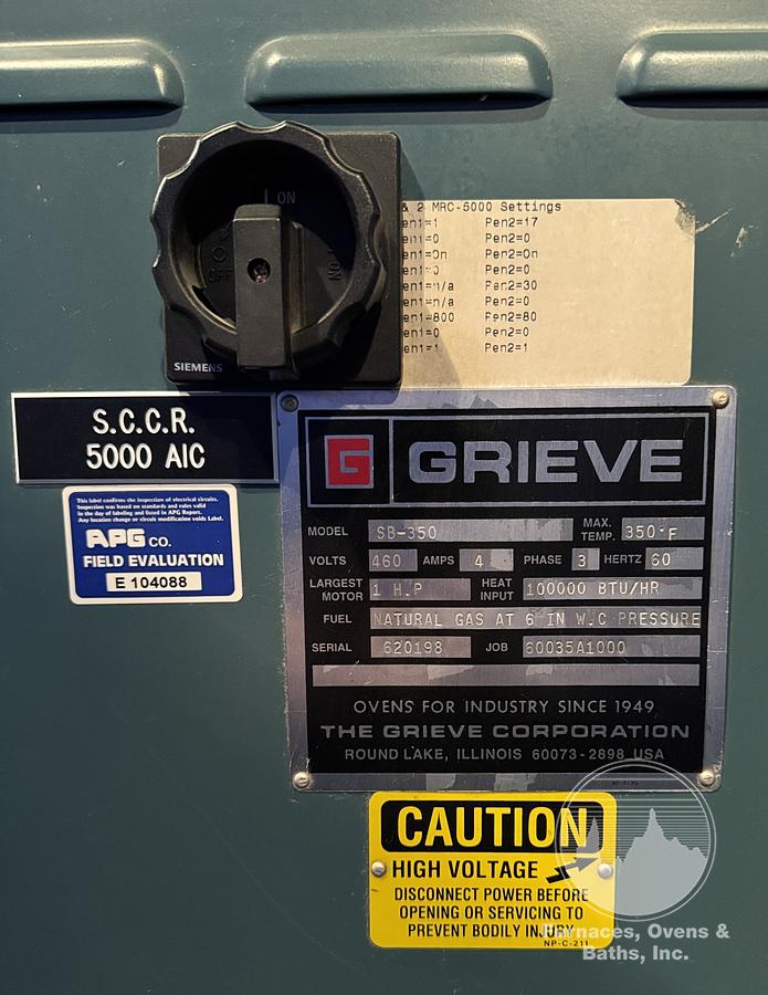 Used 56"W x 60"H x 32”L, Grieve SB-350 Cabinet Oven, 350-F, Gas Fired, Class A, Solvent Rated, Stainless Steel Interior