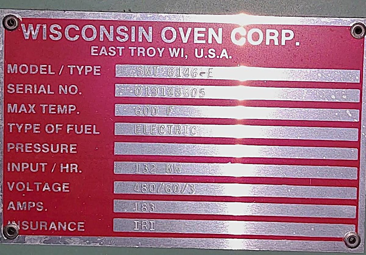 Used 72"W x 72"H x 168"L (14'), Wisconsin Walk-In Oven SWT-6146-E, 600°F, Electric, Powered Exhaust
