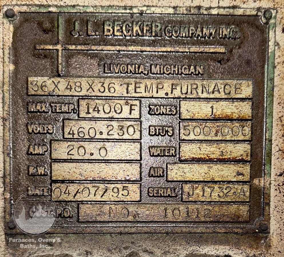 Used 36"W x 36"H x 48"L, J.L. Becker, 1400°F, Gas Fired, Fiber Lined, AMS 2750H