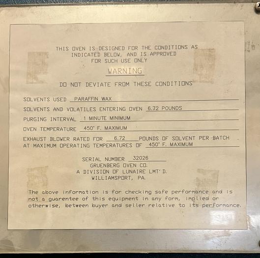 Used 48"W x 72"H x 48"L, Gruenberg, Electric Walk-In Oven, Solvent Rated, 450°C/842°F