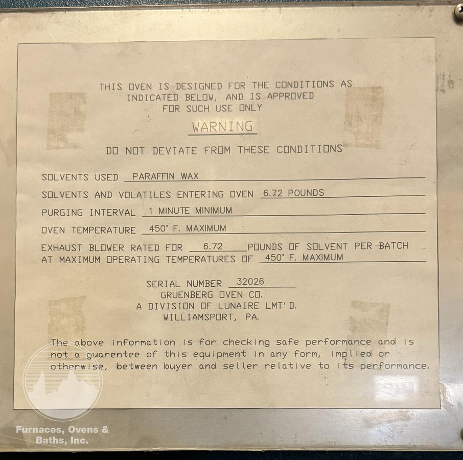 Used 48"W x 72"H x 48"L, Gruenberg, Electric Walk-In Oven, Solvent Rated, 450°C/842°F