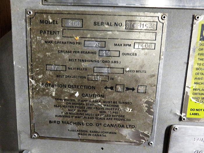 Used BIRD 200 OMNISCREEN 316 S/S NO MOTOR