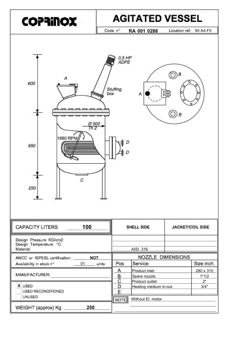 Usato Reattore  da 100 Litri