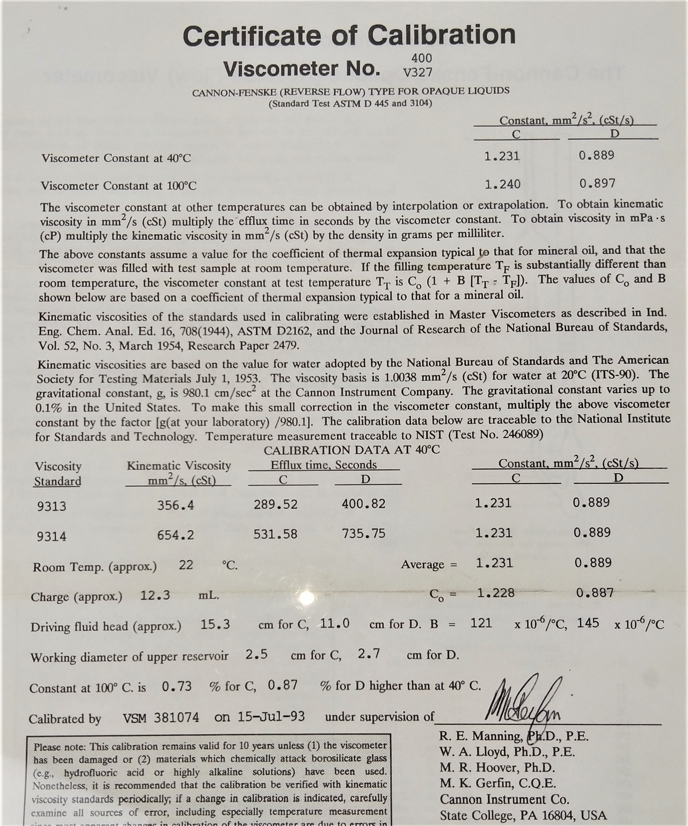 Used Cannon-Fenske CFOC-400 (9721-F74) Certified Opaque Viscometer Tube - Size 400