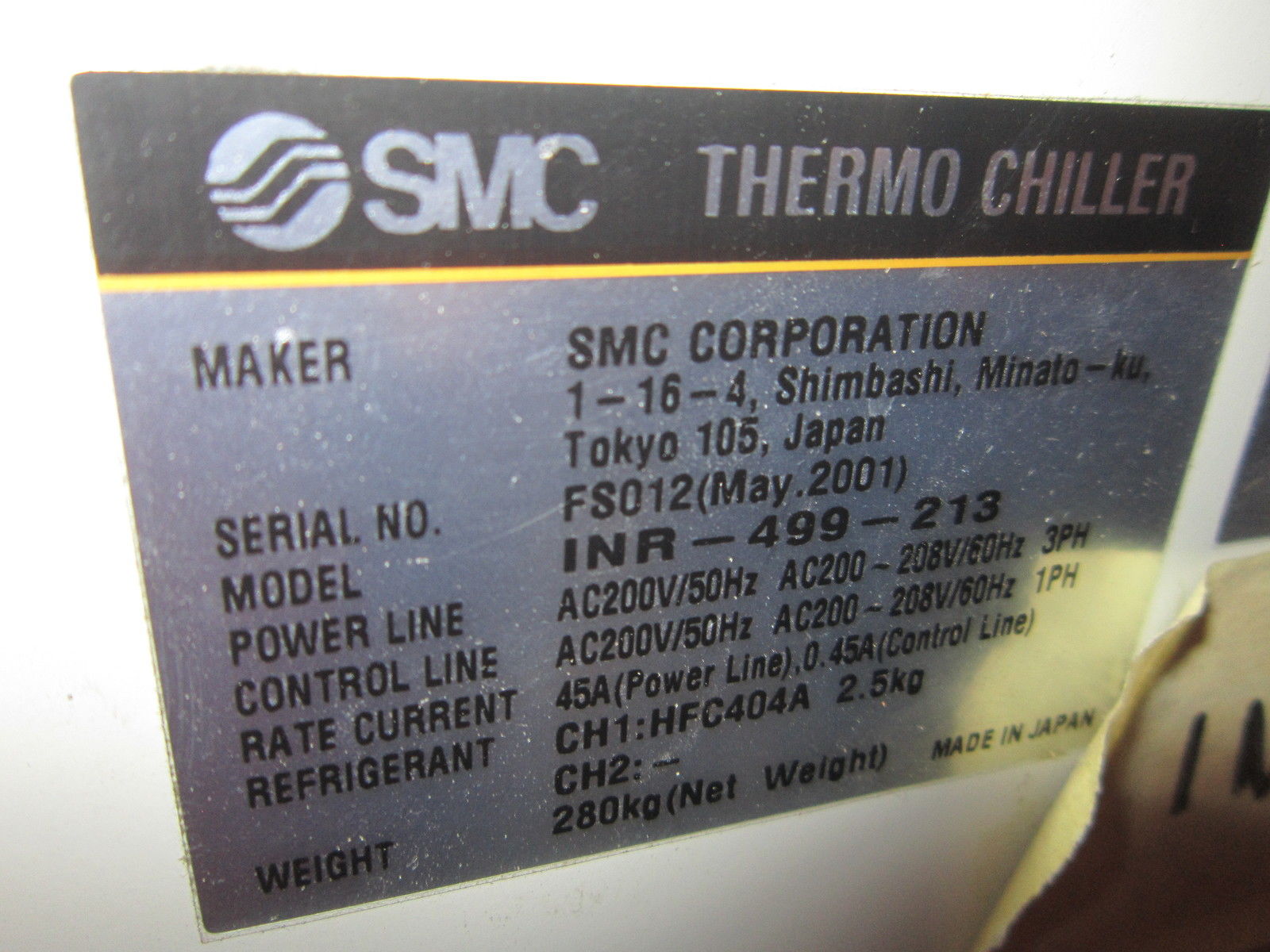 Used SMC INR-499-213-X020 RECIRCULATING WATER COOLED CHILLER