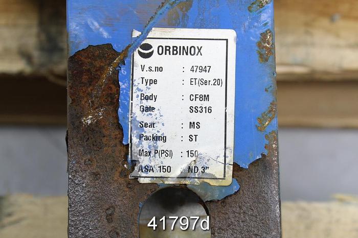 Used Orbinox 3" ET Series 20 Hand Operated Knife Gate Valve #41797
