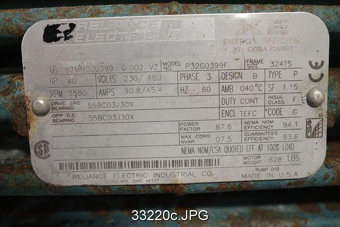 Used Reliance 40Hp, 3560RPM, 460Volts AC Motor #33220
