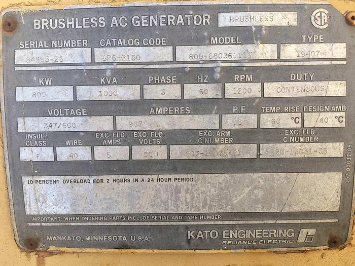 Used 800kW KATYO 2-Bearing Brushless, Synchronous Generator End