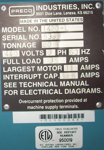 Used 20 Ton PRECO Model 1420L 4-Post Down Acting Hydraulic Press; $6,500