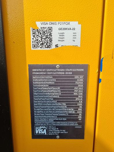 Gebraucht 2018 Visa Onis 20KVA Generator Set