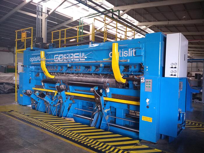 Used 142" (3.60M) GOEBEL OPTISLIT TWO DRUM SLITTER REWINDER