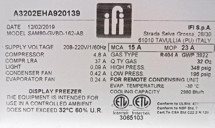 Used HIDDEN -- UNUSED GELATO DISPLAY FREEZER, ITALIAN MADE (IFI), MODEL SAM80-GVBD-162-AB, STILL IN ORIGINAL PACKAGING