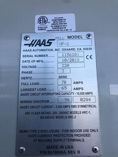 Used 2018 HAAS VF-2 4-Axis CNC Vertical Machining Center