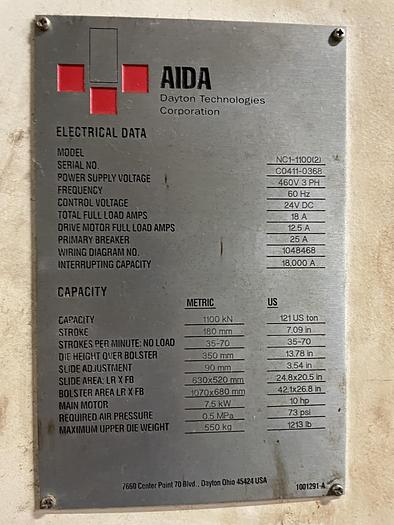 Used 121 ton AIDA single pt. Gap Frame Press