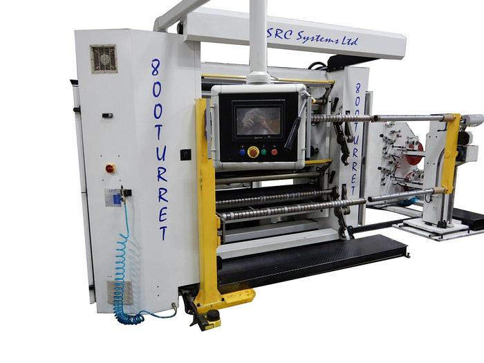 Used 63" WIDE NEW SRC SYSTEMS 800 DUPLEX TURRET SLITTER REWINDER 30" OD REWIND