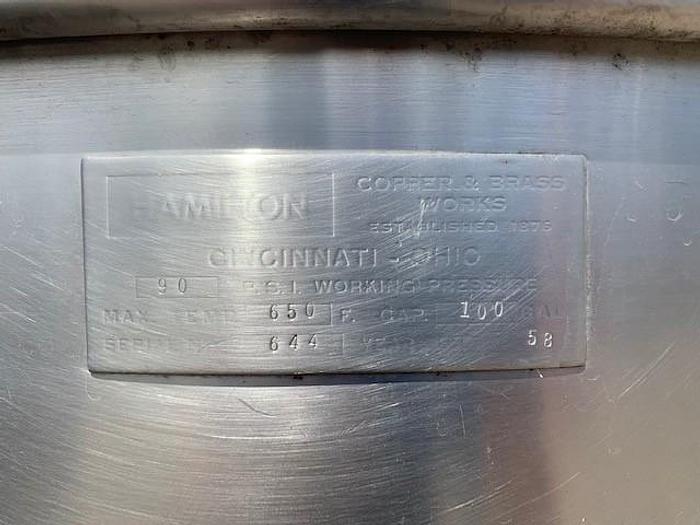 Used Hamilton 100 gal Stainless Steel Jacketed Mix Kettle