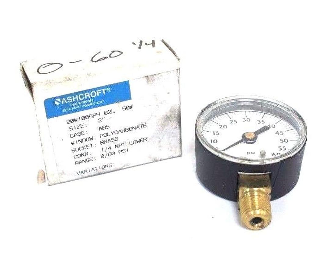 Used NIB ASHCROFT 20W1005PH 02L 60# PRESSURE GAUGE 0-60PSI, 1/4 NPT LOWER