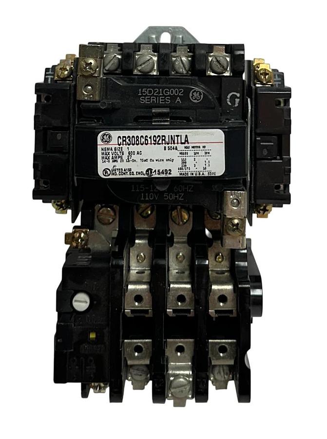 Used GENERAL ELECTRIC CR308C6192RJNTLA NEMA SIZE 1 MAGNETIC STARTER 600VAC 27A USNP