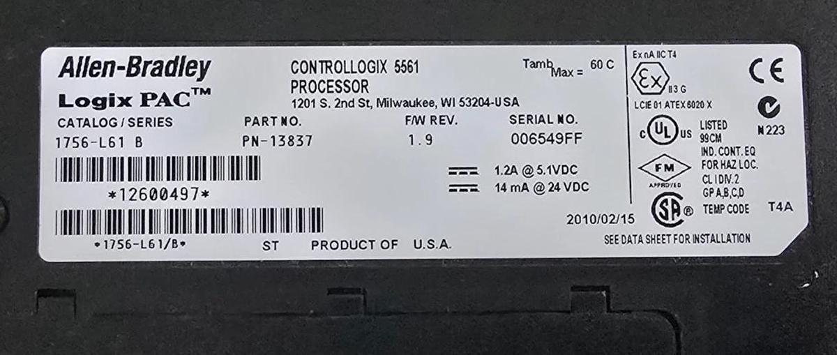 Allen Bradley 1756-L61 /B ControlLogix 5561 Processor 2MB Memory RS-232 NSNP