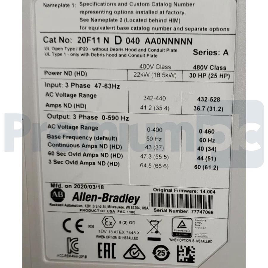 Used Allen-Bradley 20F11ND040AA0NNNNN /A PowerFlex 753 AC Drive 480VAC/3PH/40A/30HP 884951161641