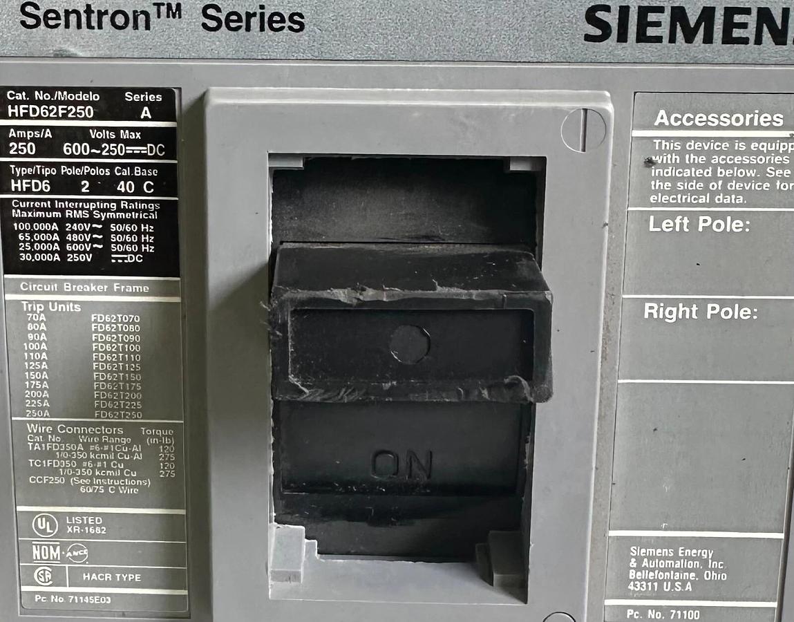 Used SIEMENS HFD62F250 /A Sentron Series CIRCUIT BREAKER 250A HFD6 FRAME ONLY NO TRIP