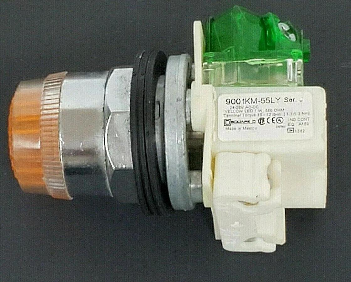 Used SQUARE D 9001KM-55LY PUSH BUTTON LIGHT MODULE SER. J 9001-KA2 SER. K, AMBER LEN
