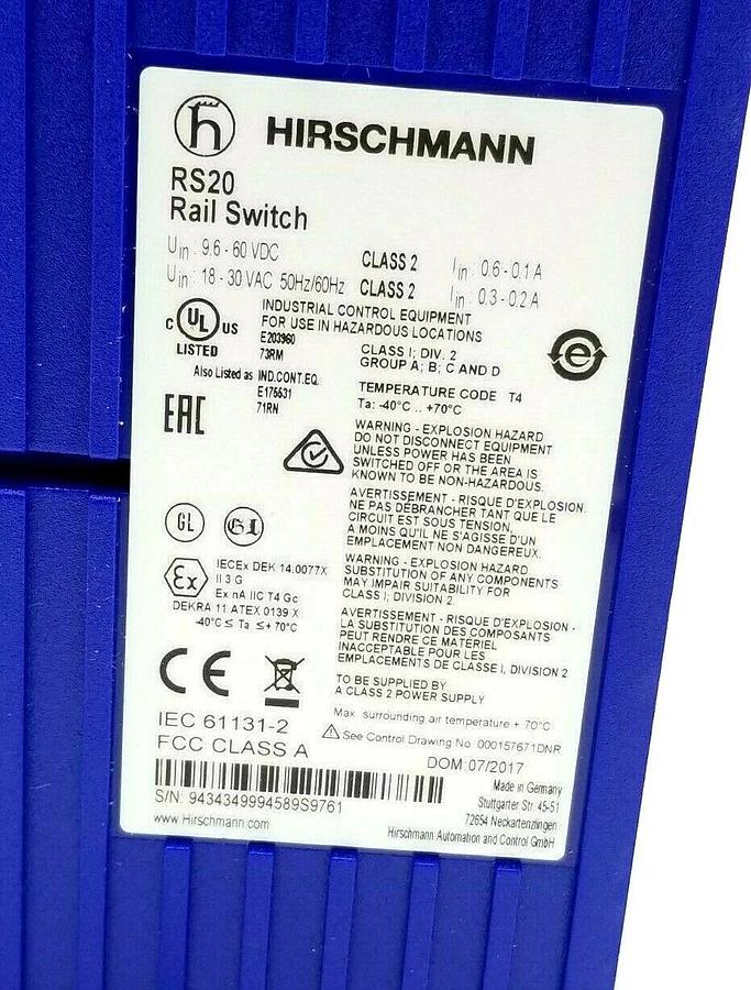 Used NEW HIRSCHMANN RS20 8-PORT ETHERNET SWITCH RS20-0800T1T1EDBUHH / 943-434-999