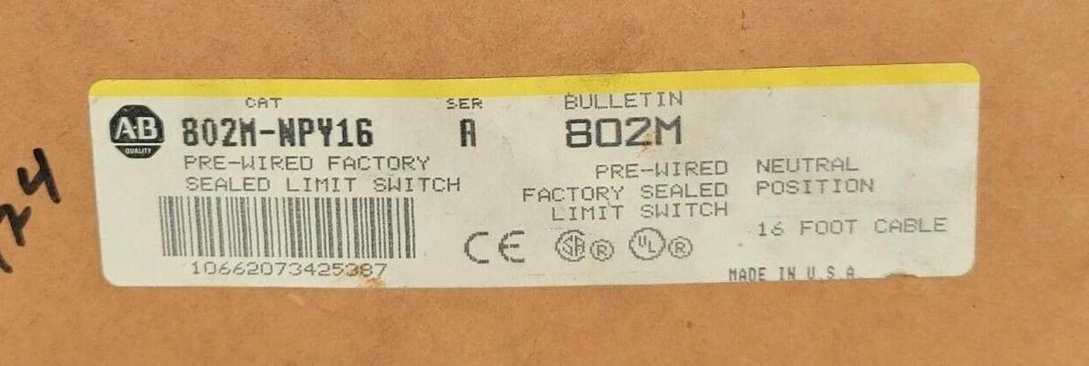 Used NIB ALLEN BRADLEY 802M-NPV16 PRE-WIRED SEALED LIMIT SWITCH SER. A