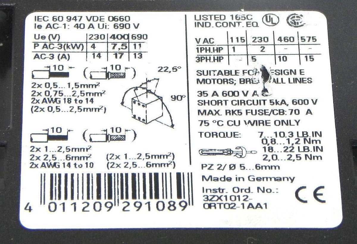 Used SIEMENS 3RT1025-1B CONTACTOR WITH 3RH1921-1FA40 CONTACT BLOCK