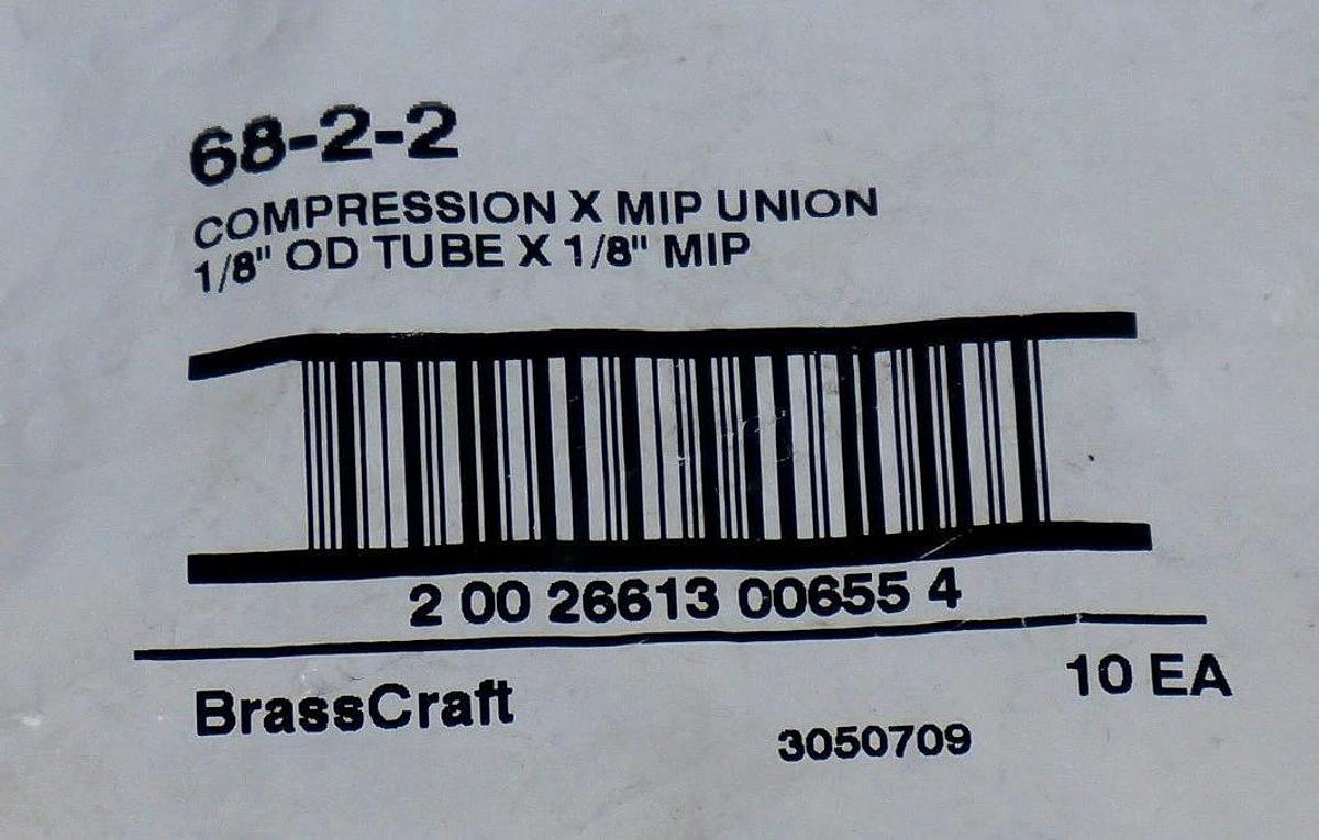 Used BAG OF 10 NEW BRASSCRAFT 68-2-2 COMPRESSION X MIP UNION 1/8" OD TUBE X 1/8" MIP