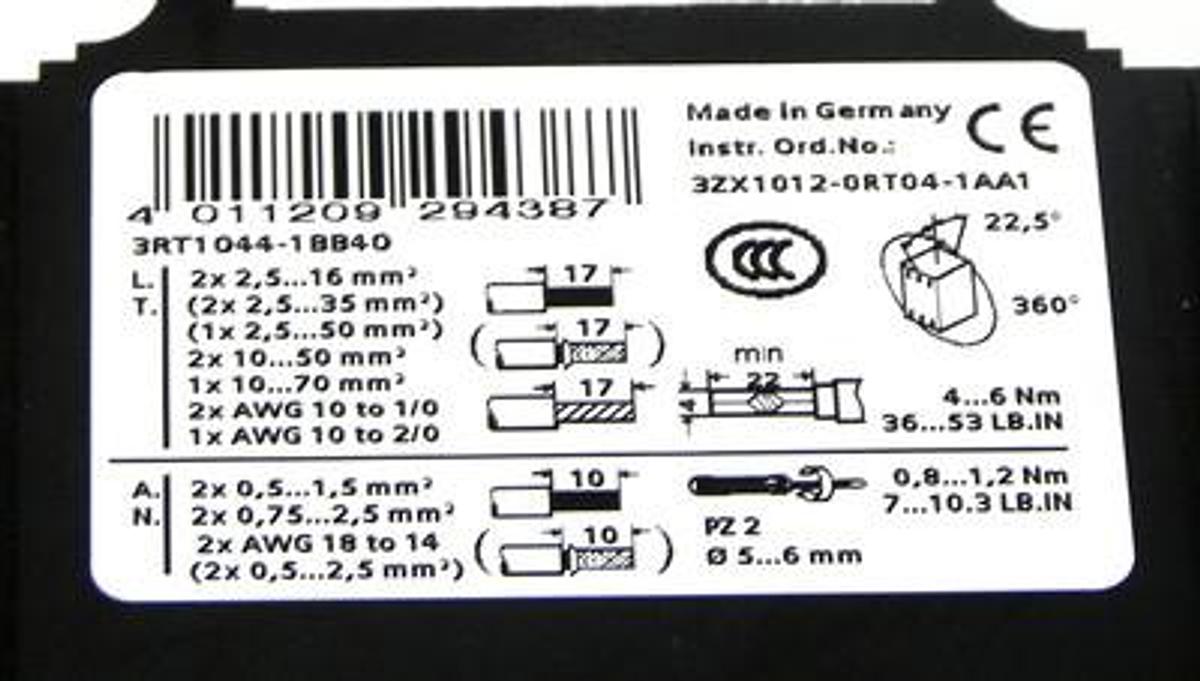 Used SIEMENS 3RT1-044-1BB40 CONTACTOR 3RT10441BB40