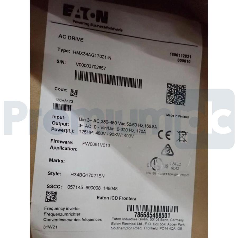 Eaton C-H HMX34AG17021-N H-Max AC Drive HVAC VFD 125HP 170A 3P 480V NEMA-1 NSMP