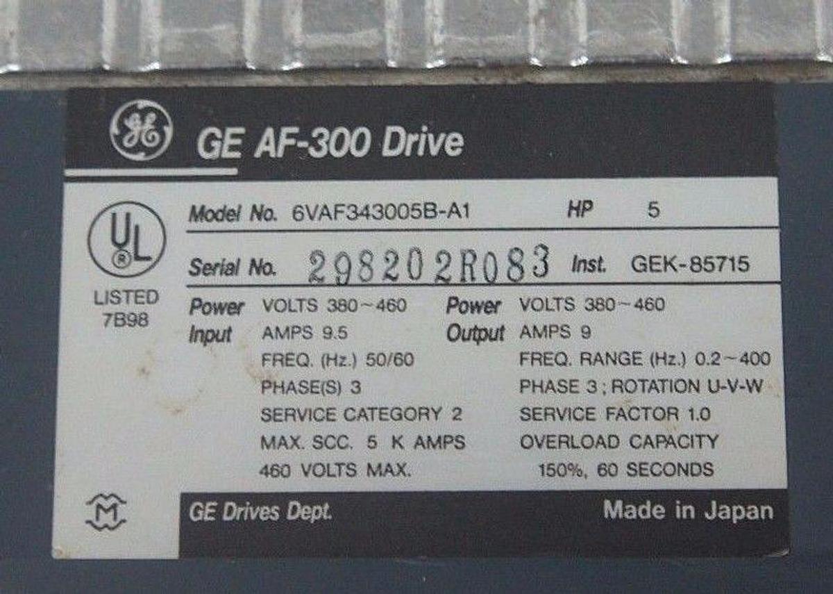 Used GENERAL ELECTRIC 6VAF343005B-A1 AF-300 DRIVE 5HP, 380-460V, 9.5A, 50/60HZ