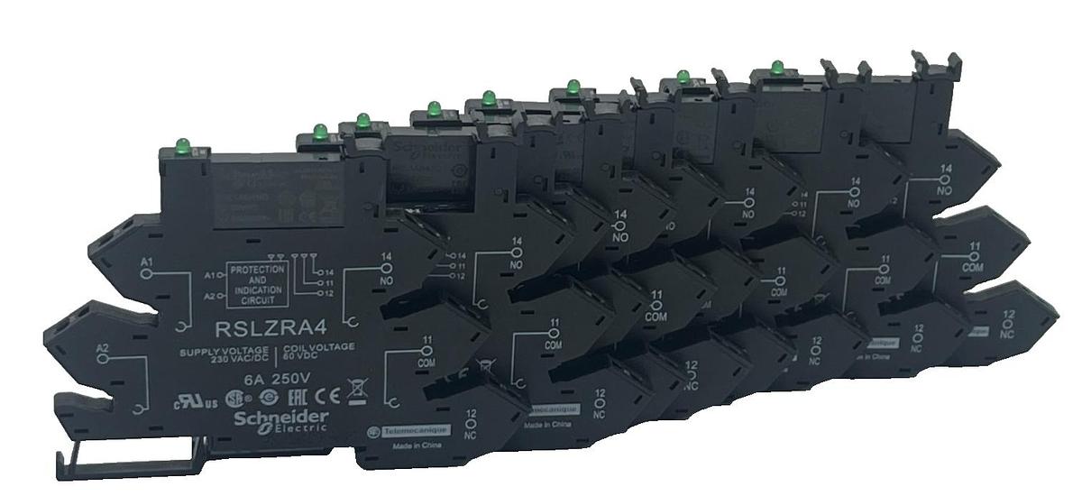 Used LOT OF 8 SCHNEIDER SLIM DIN RAIL SOCKET (4) RSLZRA2 & (4) RSLZRA4 (1) - NO RELAY