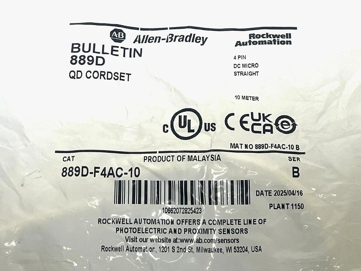 Used Allen-Bradley 889D-F4AC-10 DC Micro Cordset M12 4-Pin 10M , NSFS
