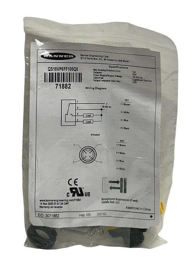 BANNER QS18VP6FF100Q8 / 71882 PHOTOELECTRIC SENSOR QS18 SERIES 10-30VDC PNP NSMP