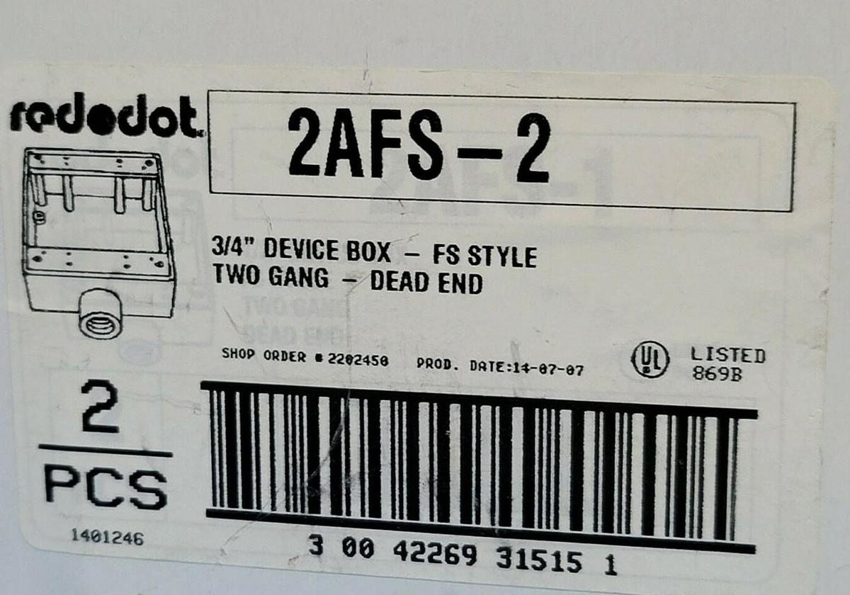NIB ABB RED DOT 2AFS-2 DEVICE BOX 3/4'' FS STYLE TWO GANG DEAD END