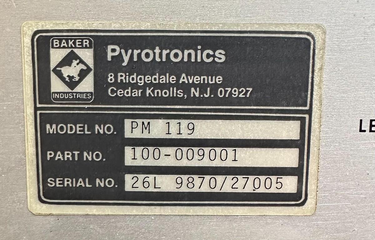 Used BAKER INDUSTRIES PM-119 / PM119 PYROTRONICS POWER SUPPLY 100-009001 / 100009001