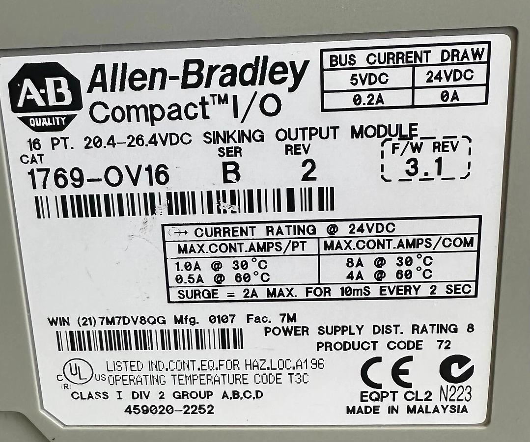 Used ALLEN BRADLEY 1769-OV16 /B Compact I/O 16-PT SINKING OUTPUT MODULE 1769OV16