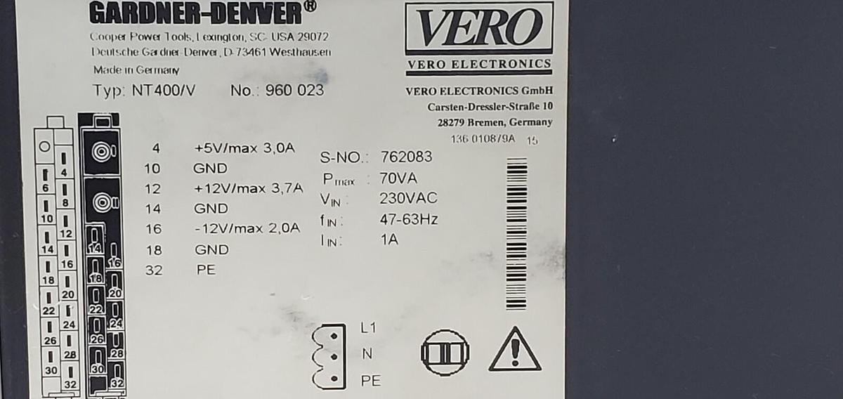 Used GARDNER-DENVER NT400/V POWER SUPPLY NT400V NO. 960023