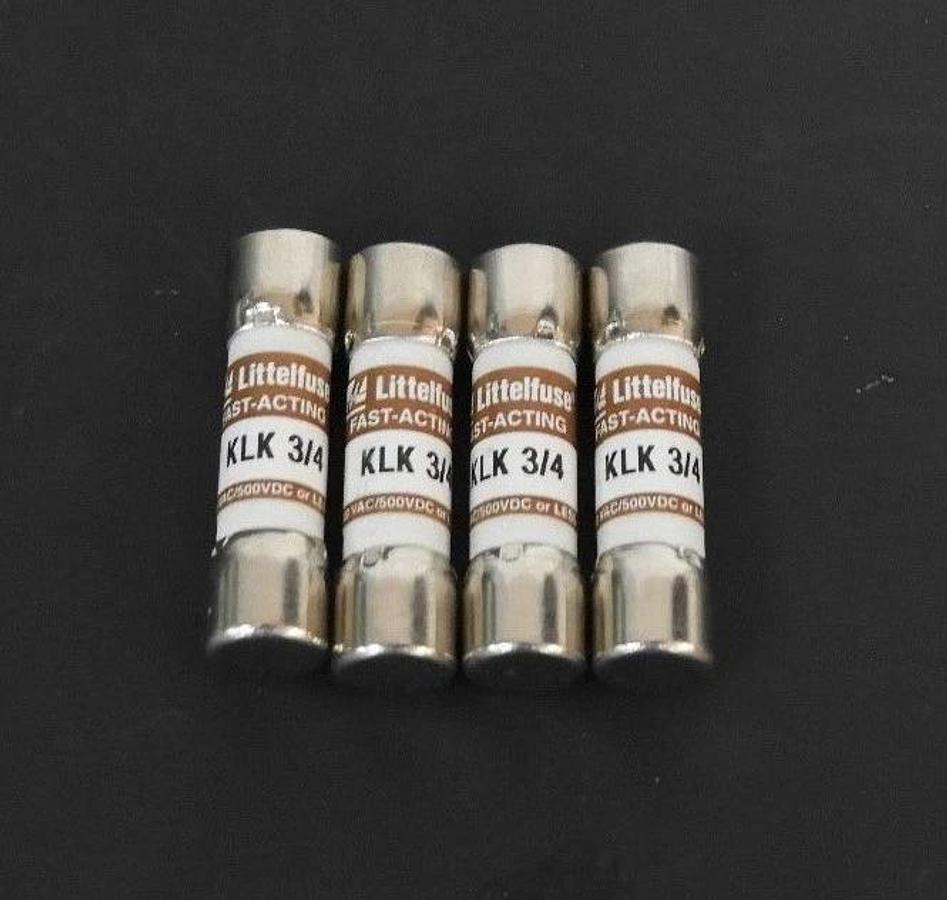 LOT OF 4 NEW LITTELFUSE KLK 3/4 FAST-ACTING FUSES KLK3/4, .75AMP 600V