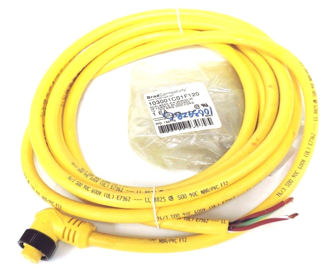 NEW BRAD HARRISON 103001C01F120 CORDSET 3P, FEMALE, 90 DEG. 12'
