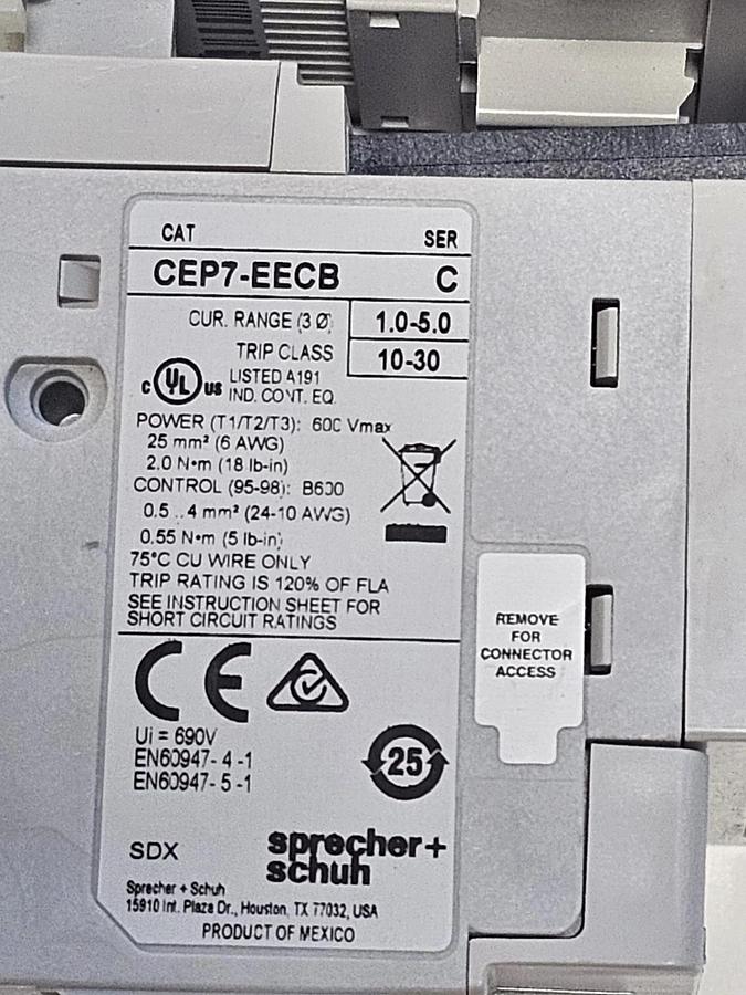 Used SPRECHER+SCHUH CA7-9-10 SER. A CONTACTOR WITH CEP7-EECB SER. B OVERLOAD RELAY