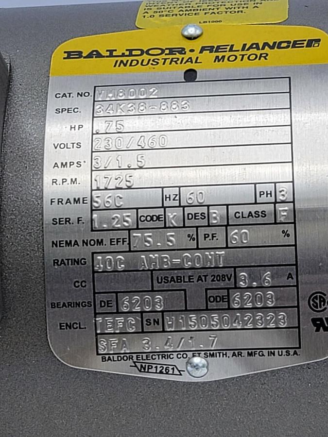 Used NEW BALDOR VM8002 MOTOR .75HP 1725RPM 3PH 60HZ 56C SPEC: 34K38-883