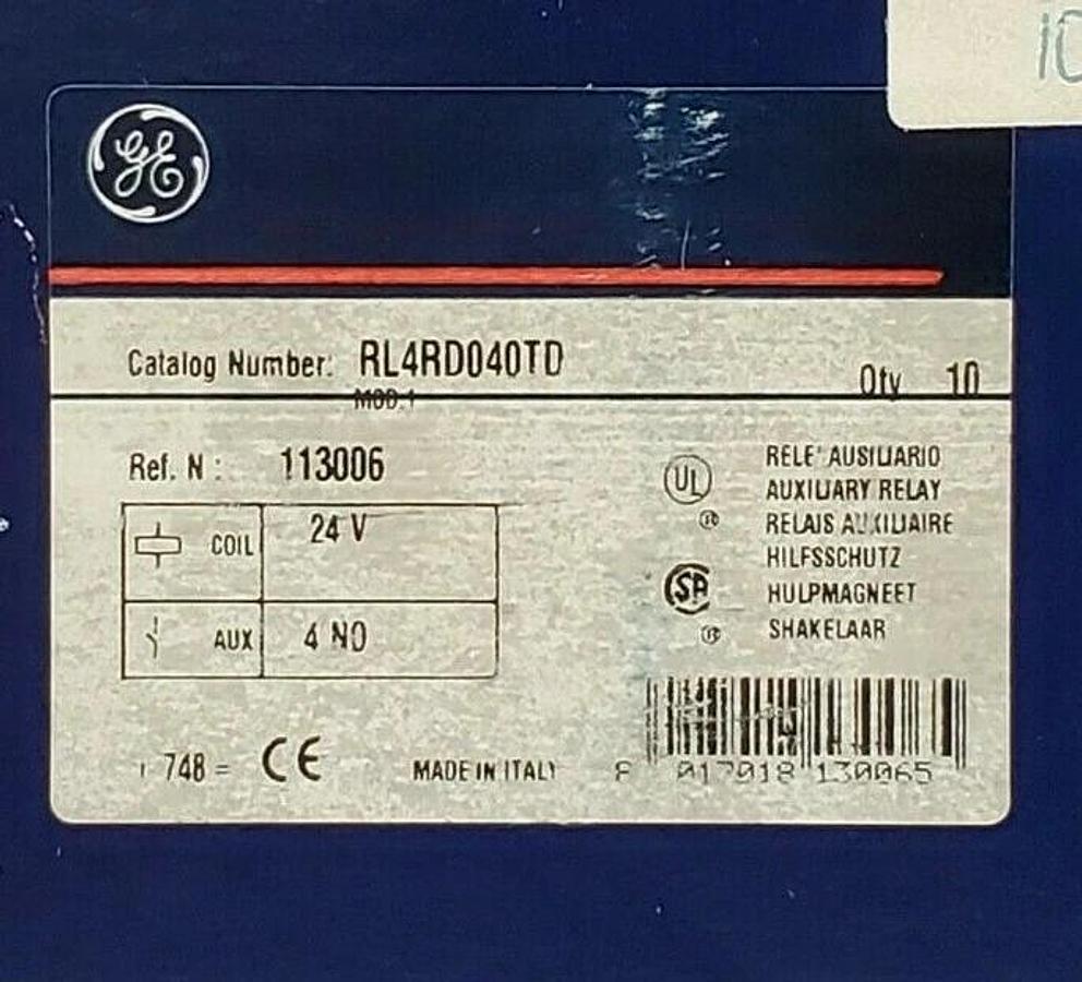 Used LOT OF 10 NIB GENERAL ELECTRIC RL4RD040TD RELAYS, 4 POLE, 24V COIL