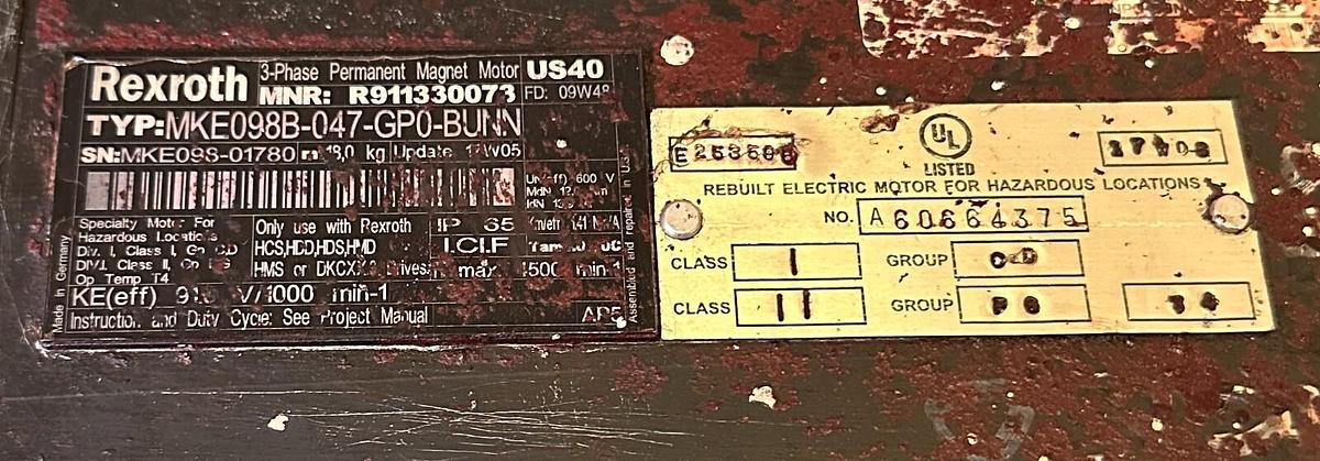 Used REXROTH MKE098B-047-GP0-BUNN / R911330073 HAZARDOUS LOCATION SERVO MOTOR 3-PHASE