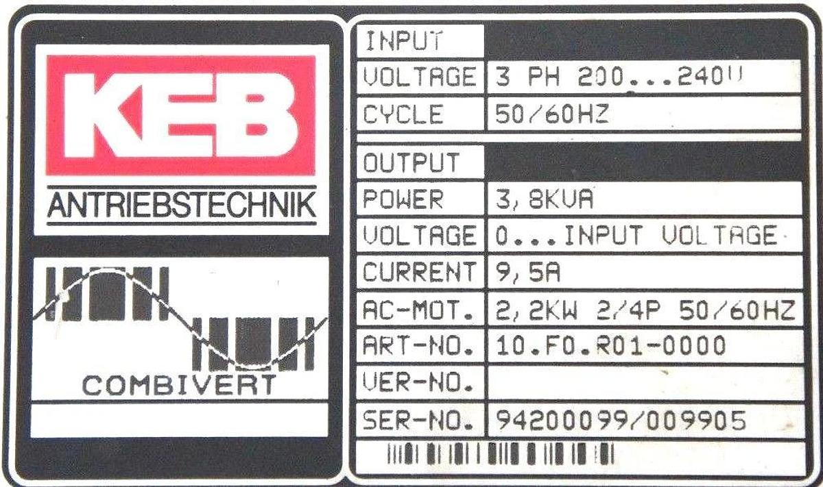 Used KEB 10.F0-R01-0000 FREQUENCY CONVERTER DRIVE 3PH 200...240V, 50/60HZ