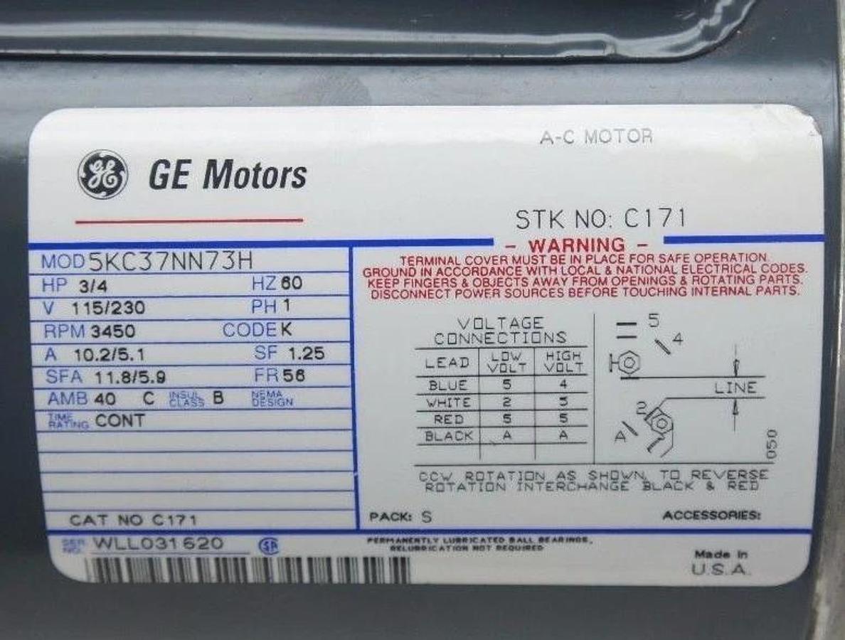 GE MOTORS 5KC37NN73H ELECTRIC MOTOR 3/4HP, 3450RPM, 115/230V, 60HZ